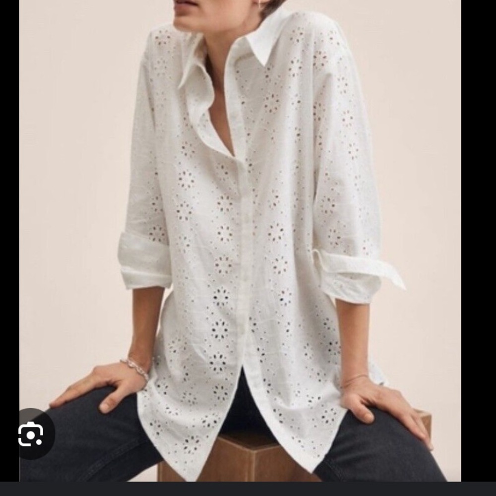 MNG Mango White Eyelet Button-Up Shirt